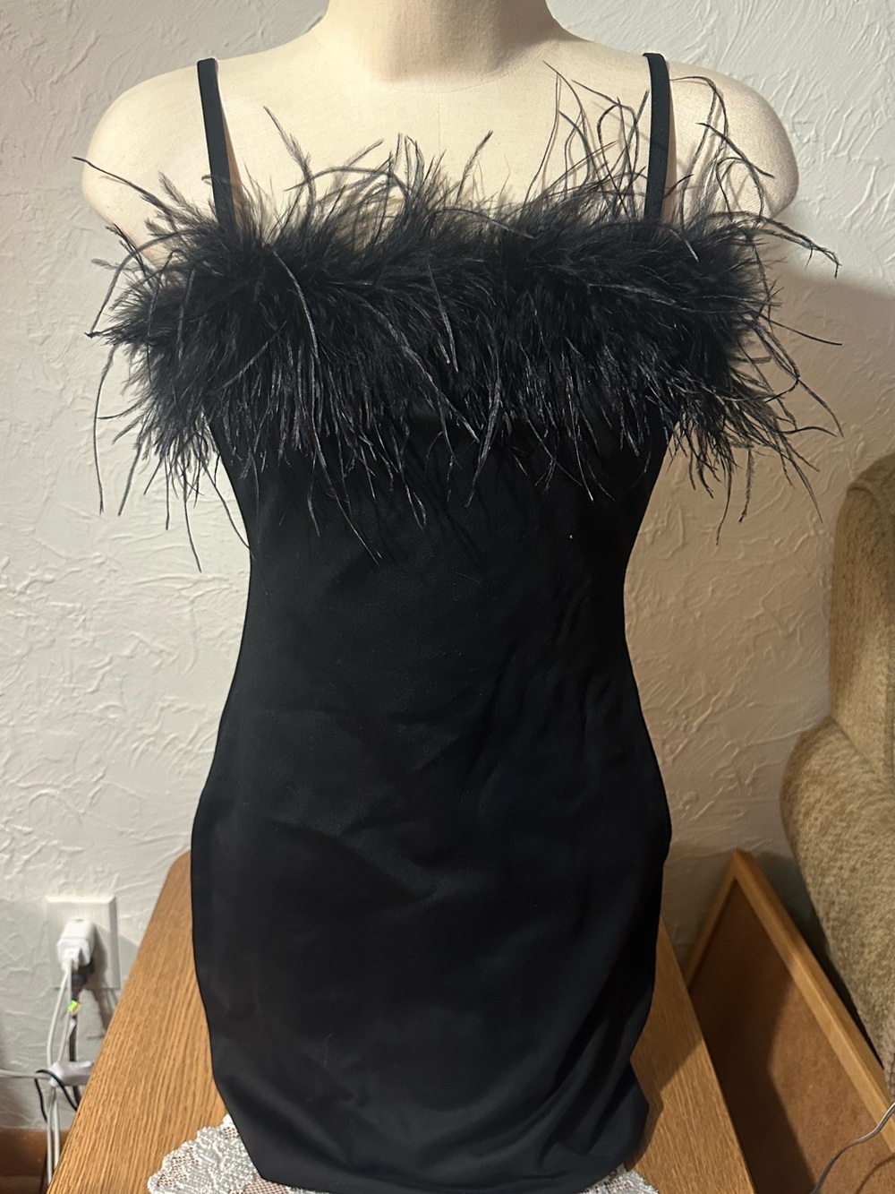 Fashion Nova Black Feather-Trim Mini Dress